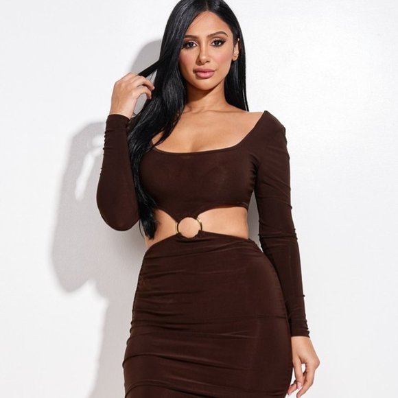 Sexy Slit Ruched O Neck Long Short Sleeve Dress